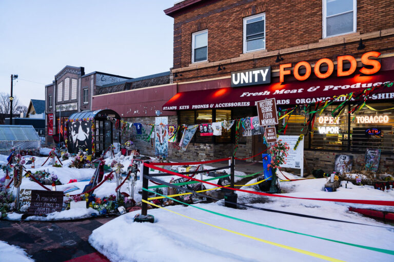 George Floyd Memorial in the winter 1 The George Floyd Memorial inside George Floyd Square on Chicago Avenue in South Minneapolis.