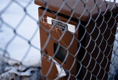 A "Defend East Phillips" sticker on a box in South Minneapolis on March 2023.