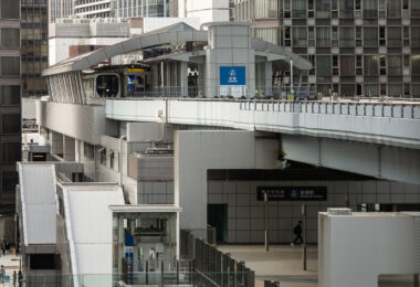 A train arriving at Shimbashi Station in Tokyo Japan.