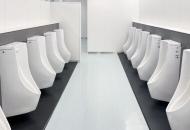 Urinals in a Tokyo bathroom.