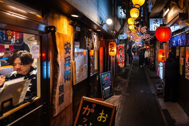 Yakitori Alley at Omoide Yokocho, Piss Alley, Shinjuku, Tokyo 4 Narrow alley lined with small restaurants and izakayas illuminated by red and yellow lanterns at night in Japan.