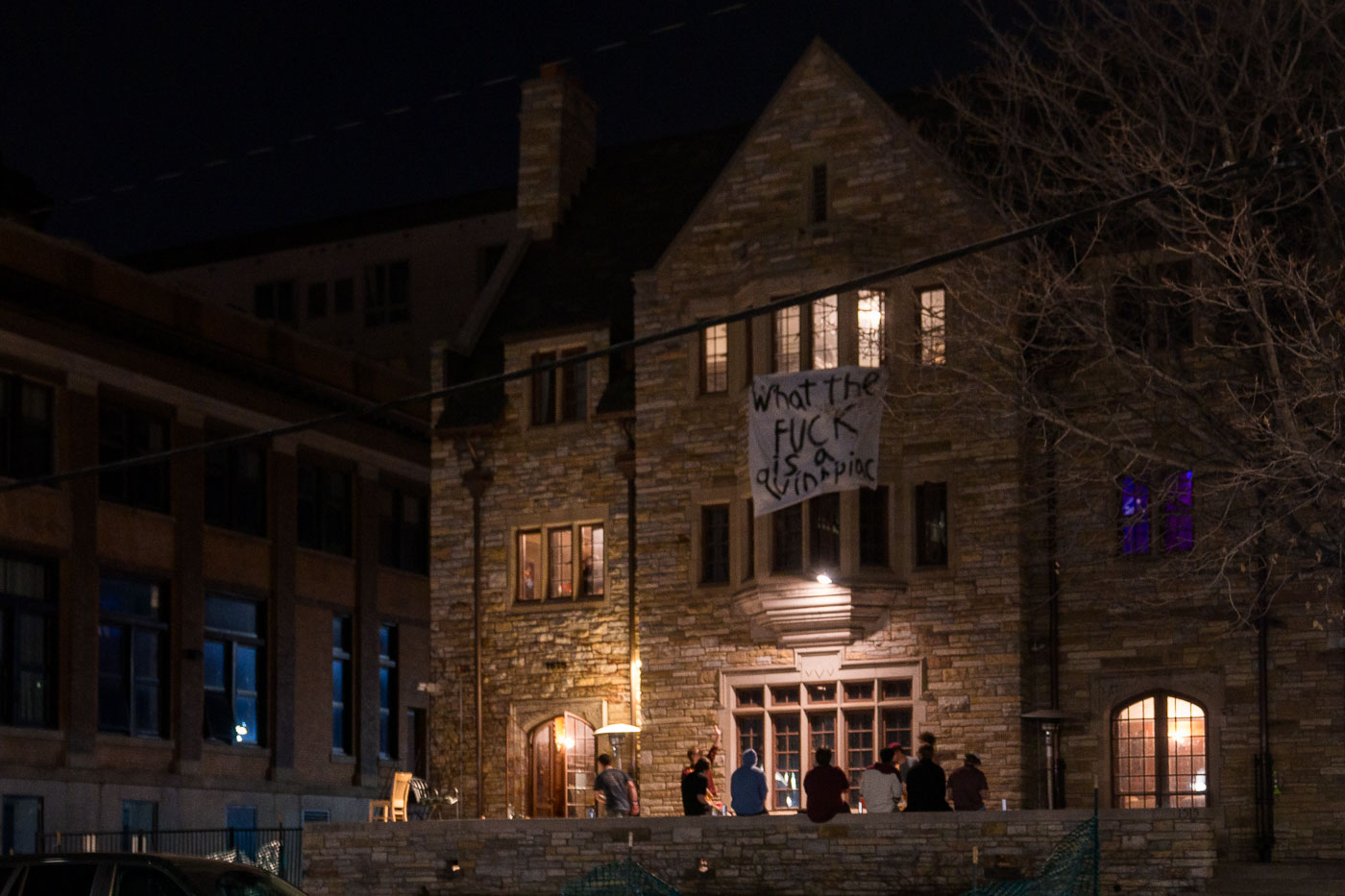 University of Minnesota hang a banner reading "What the fuck is a Quinnipiac?" during the NCAA National Hockey Championship game.