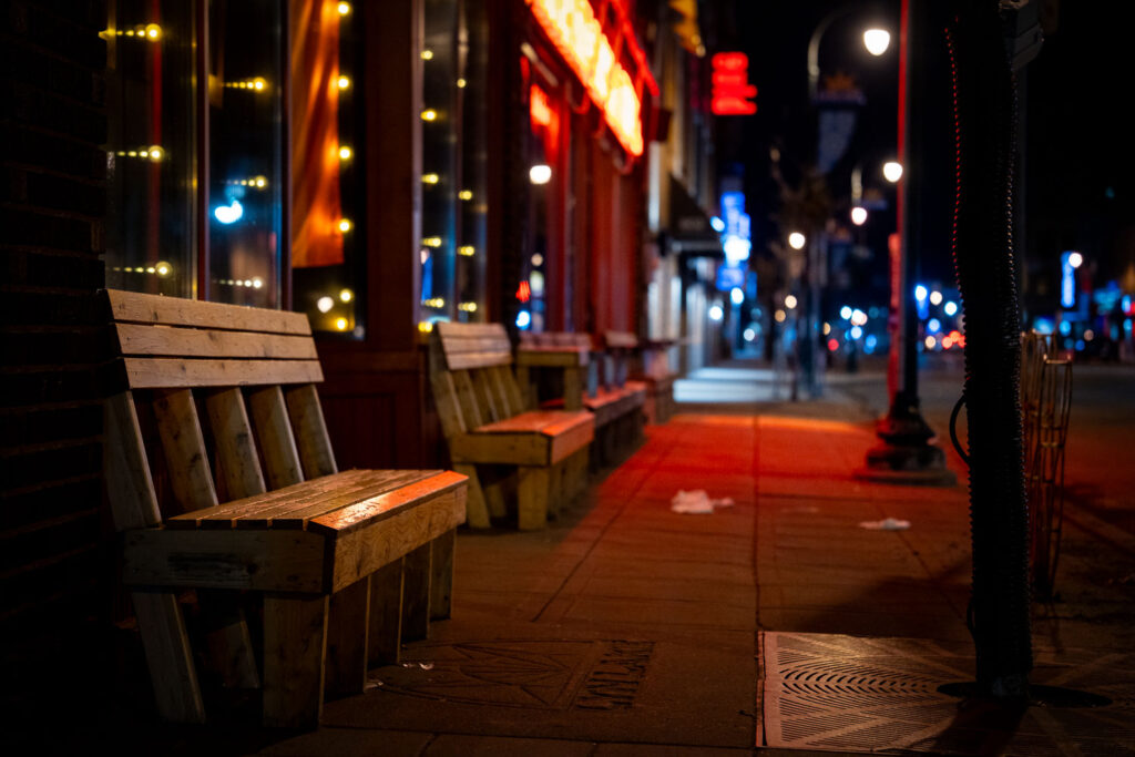 Benches outside Bryant Lake Bowl on Lake Street.