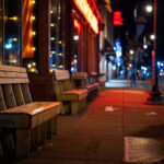 Benches outside Bryant Lake Bowl on Lake Street.