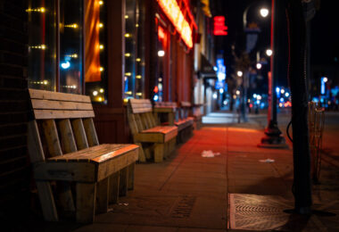 Benches outside Bryant Lake Bowl on Lake Street.