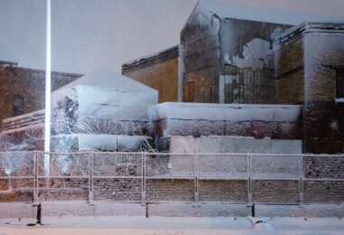 A snow covered Minneapolis police third precinct. The precinct has been vacant since it was burned during May 2020 riots over the murder of George Floyd.