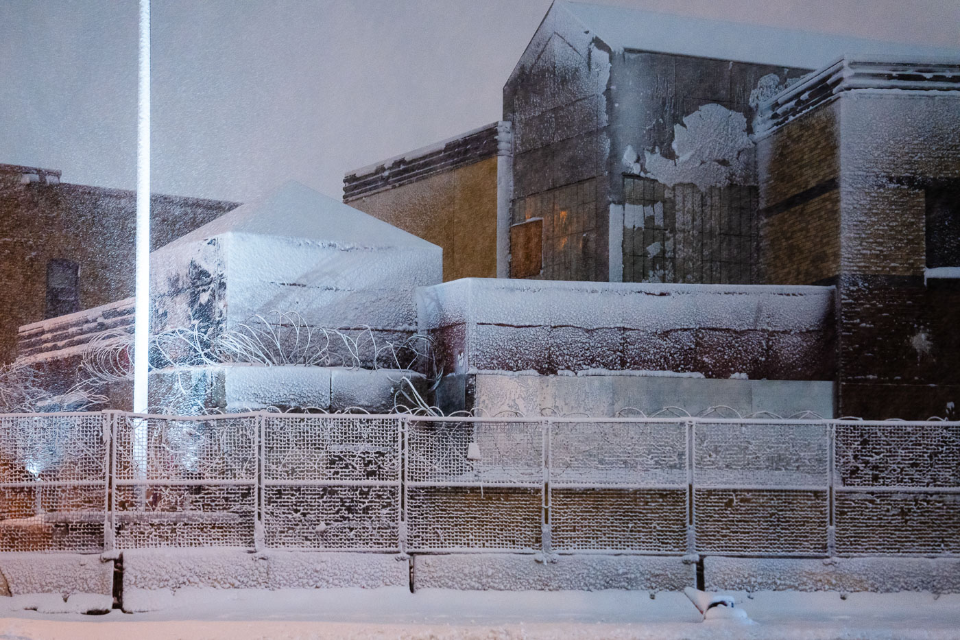 Heavy snow over the Minneapolis police burned police station