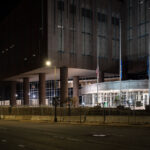 The Hennepin County Public Safety Facility in Downtown Minneapolis behind security fencing.