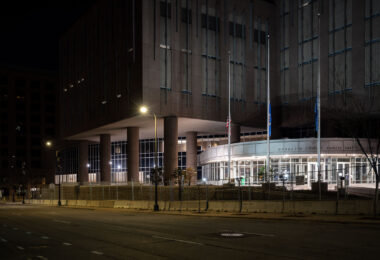 The Hennepin County Public Safety Facility in Downtown Minneapolis behind security fencing.