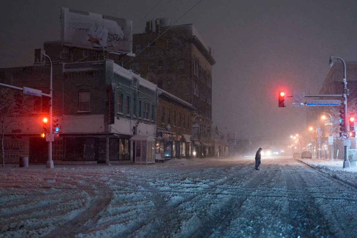 Dark powerless streets. Lake Street and Lyndale Avenue during a heavy snowstorm.