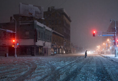 Dark powerless streets. Lake Street and Lyndale Avenue during a heavy snowstorm.