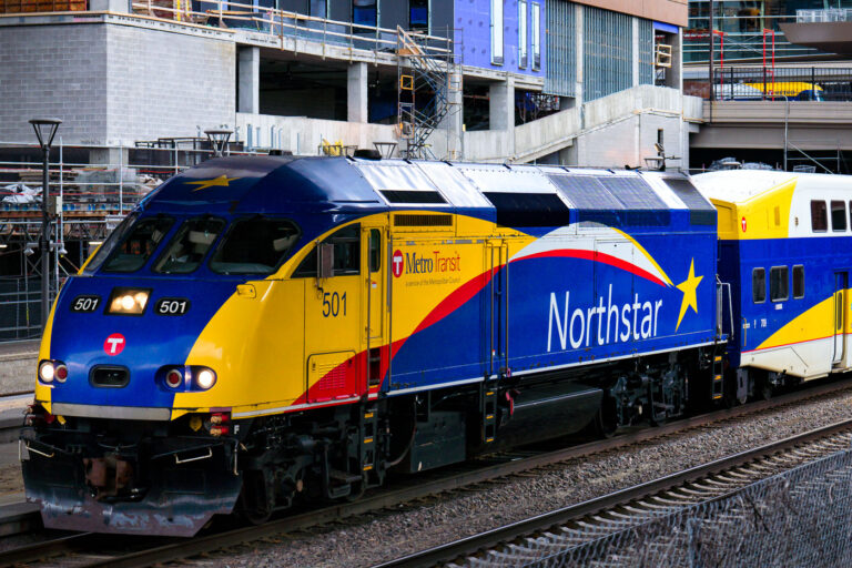 Northstar Train in Downtown Minneapolis 1 A Northstar Train in downtown Minneapolis.