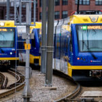 Light Rail trains in Downtown Minneapolis.
