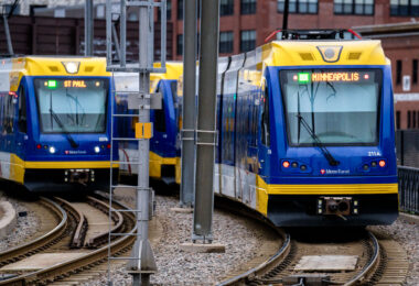 Light Rail trains in Downtown Minneapolis.