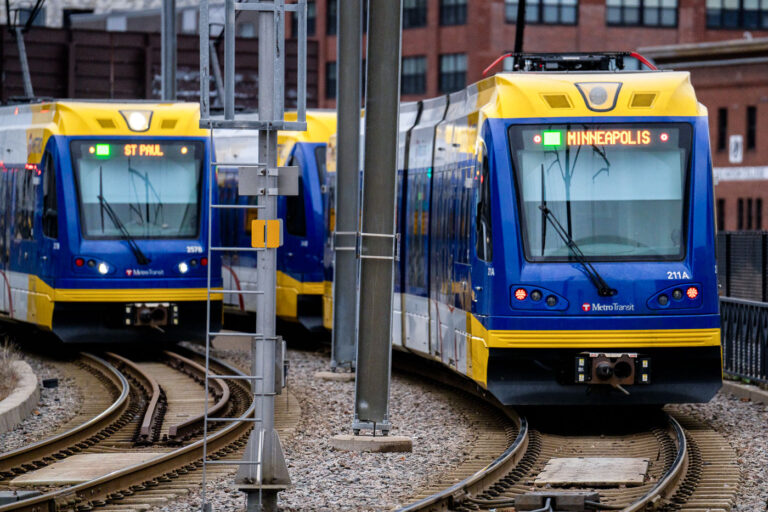 Minneapolis Light Rail Trains Together 1 Light Rail trains in Downtown Minneapolis.
