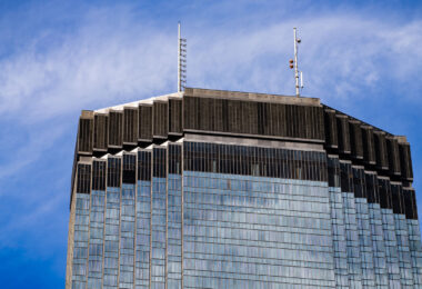 Closeup of the top of the IDS Center in downtown Minneapolis.