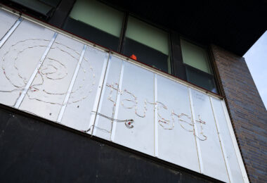 What's left of a Target Store sign at a recently closed store in Uptown Minneapolis on May 15, 2023.