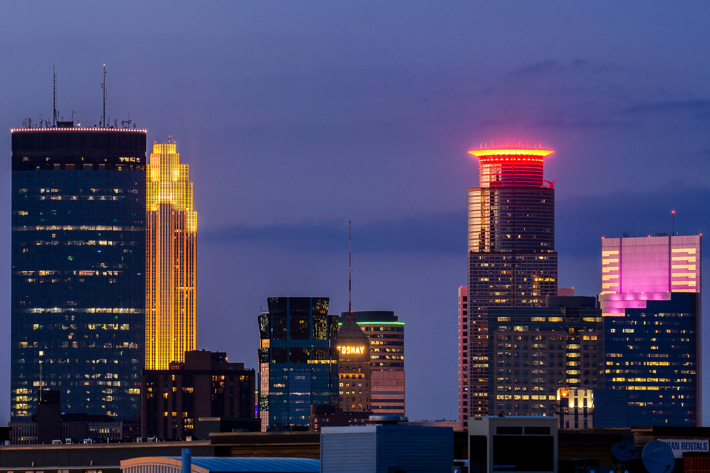 Colorful downtown skyline colors Foshay IDS
