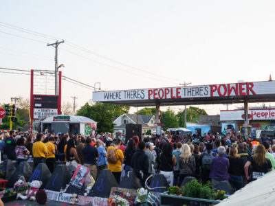 Crowd outside the Peoples Way at Rise and Remember