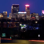 Downtown Minneapolis as seen from Woodale Avenue in St. Louis Park. Highway 100 in the foreground.