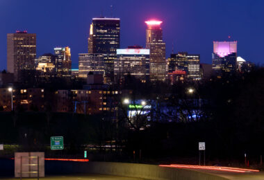 Downtown Minneapolis as seen from Woodale Avenue in St. Louis Park. Highway 100 in the foreground.