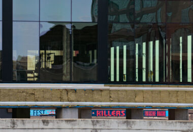 Twins Fest signage as seen through new construction tower going up in the North Loop.