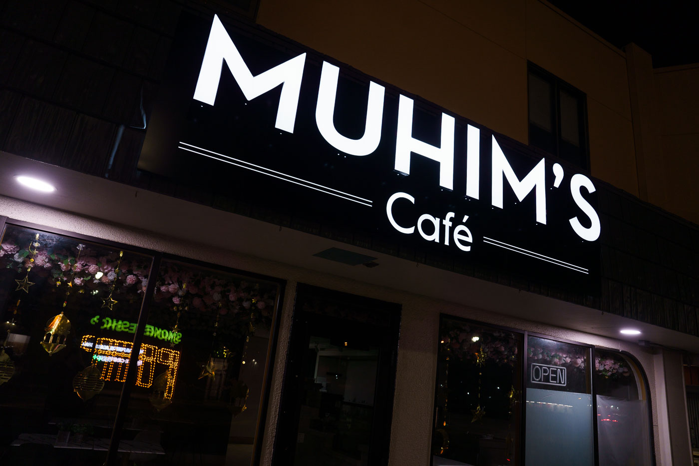 Muhims Cafe in Minneapolis at night