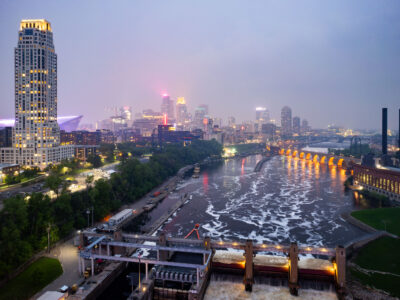 Minneapolis Skyline and Mississippi River in Wildfire Smoke
