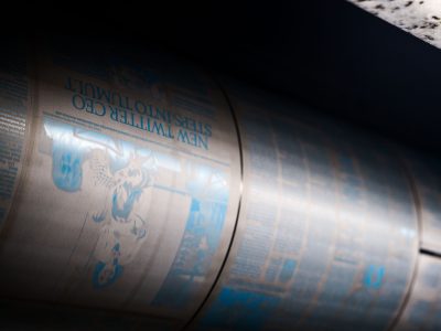 "Twitter CEO" Headline on Star Tribune Press Roller, Minneapolis