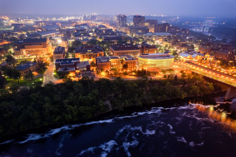 University of Minnesota Campus and Mississippi River, Minneapolis 1 University of Minnesota campus and Minneapolis skyline at dusk with Canadian wildfire smoke haze and Mississippi River in