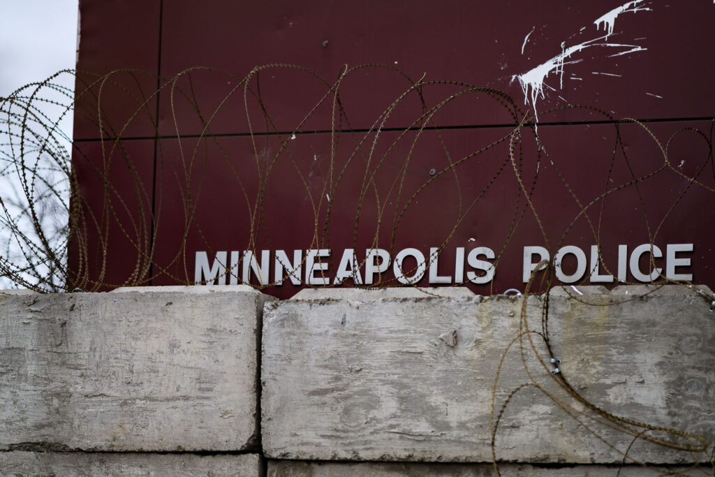 The Minneapolis Police third precinct building on May 1, 2022. The building was burned during riots following the murder of George Floyd.