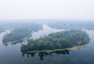 Minneapolis covered in a smoky haze from the Canadian wildfires.