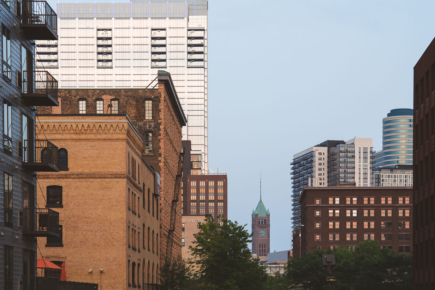 Minneapolis City Hall seen through Warehouse District buildings