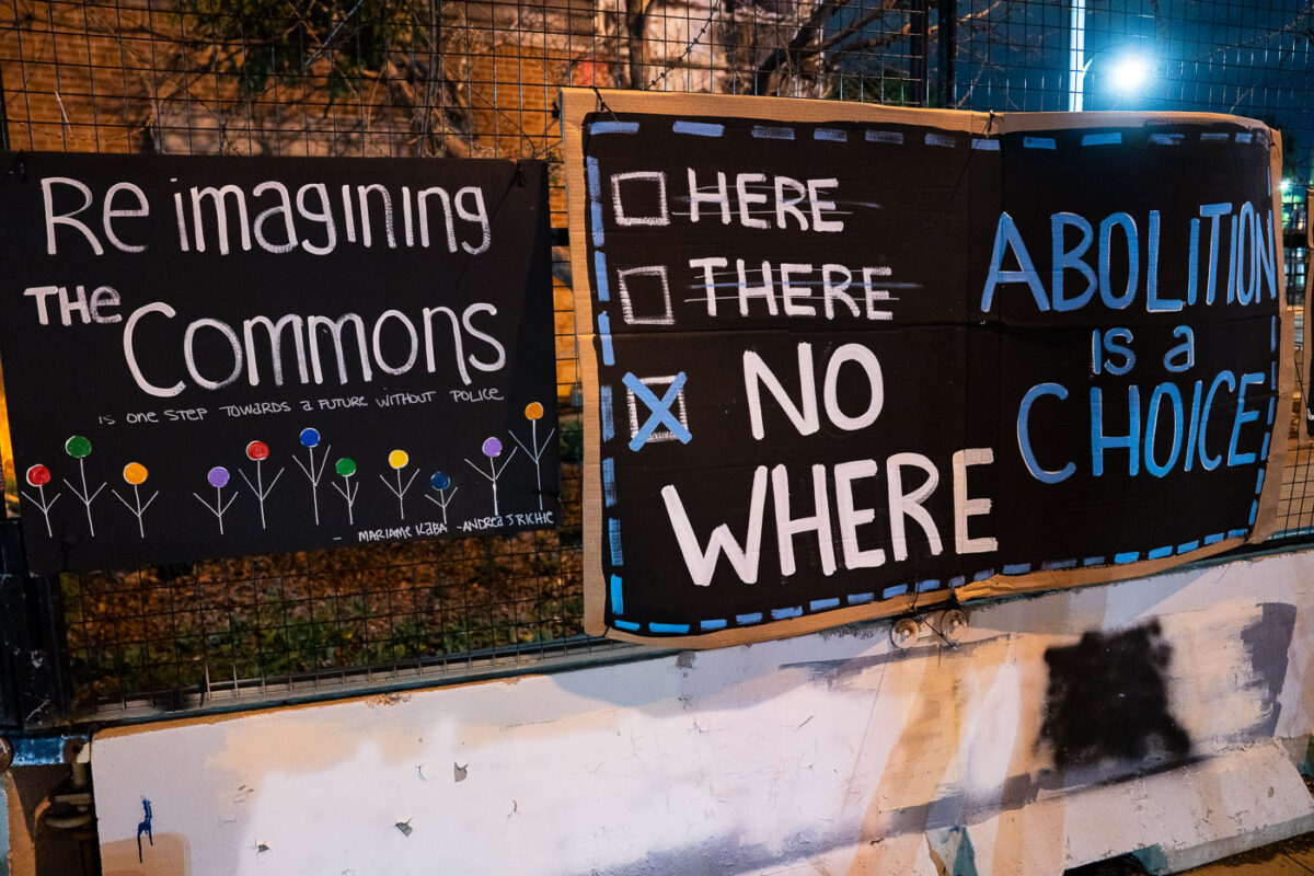 Abolition Is A Choice banner on police station
