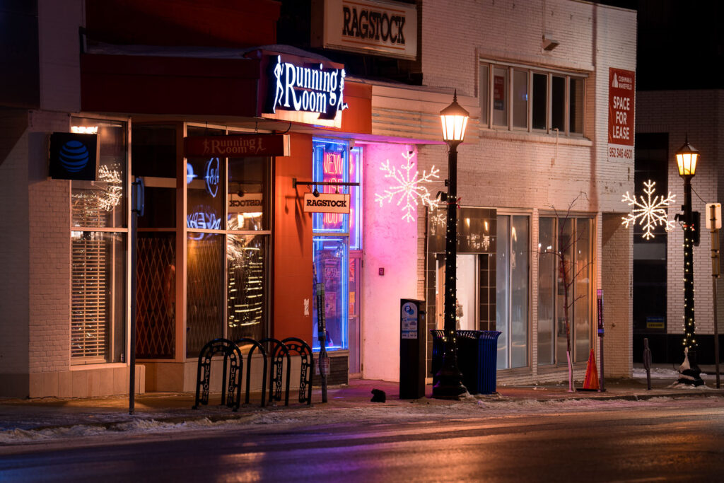 Running Room and Ragstock on Lake Street in Uptown Minneapolis on February 5, 2023.