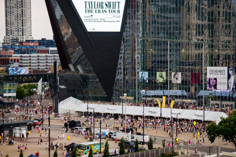 Taylor Swift fans arrive in Minneapolis 3 Taylor Siwft signage on US Bank Stadium as fans arrive for the Eras Tour.