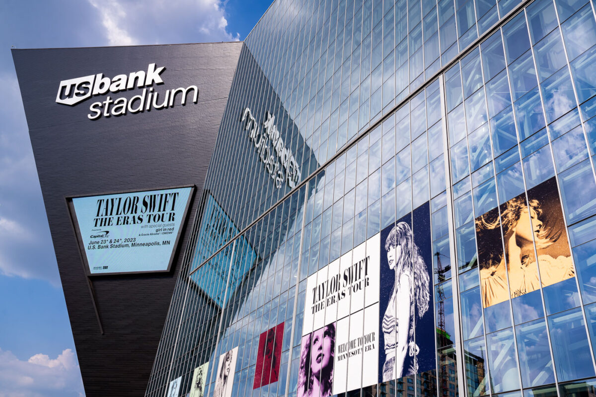 Taylor Swift on the side of US Bank Stadium