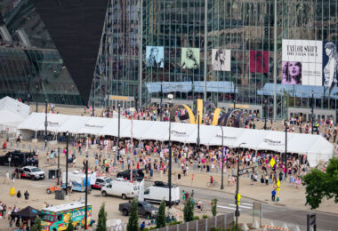 Taylor Swift fans lining up at US Bank Stadium for the first of two Eras Tour shows.