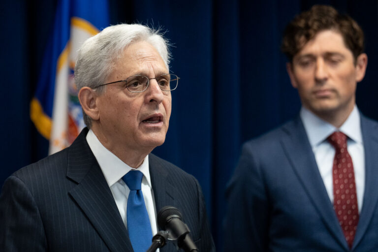 US Attorney General Merrick Garland and Jacob Frey 4 United States Attorney General speaks on it's findings from their investigation into the Minneapolis Police Department on June 16, 2023.Minneapolis Mayor Jacob Frey in the background.