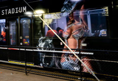 City of Minneapolis Violence Interrupters on a Metro Transit light rail train outside US Bank Stadium during a Taylor Swift concert on June 23, 2023.