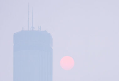 Minneapolis covered in a smoky haze from the Canadian wildfires.