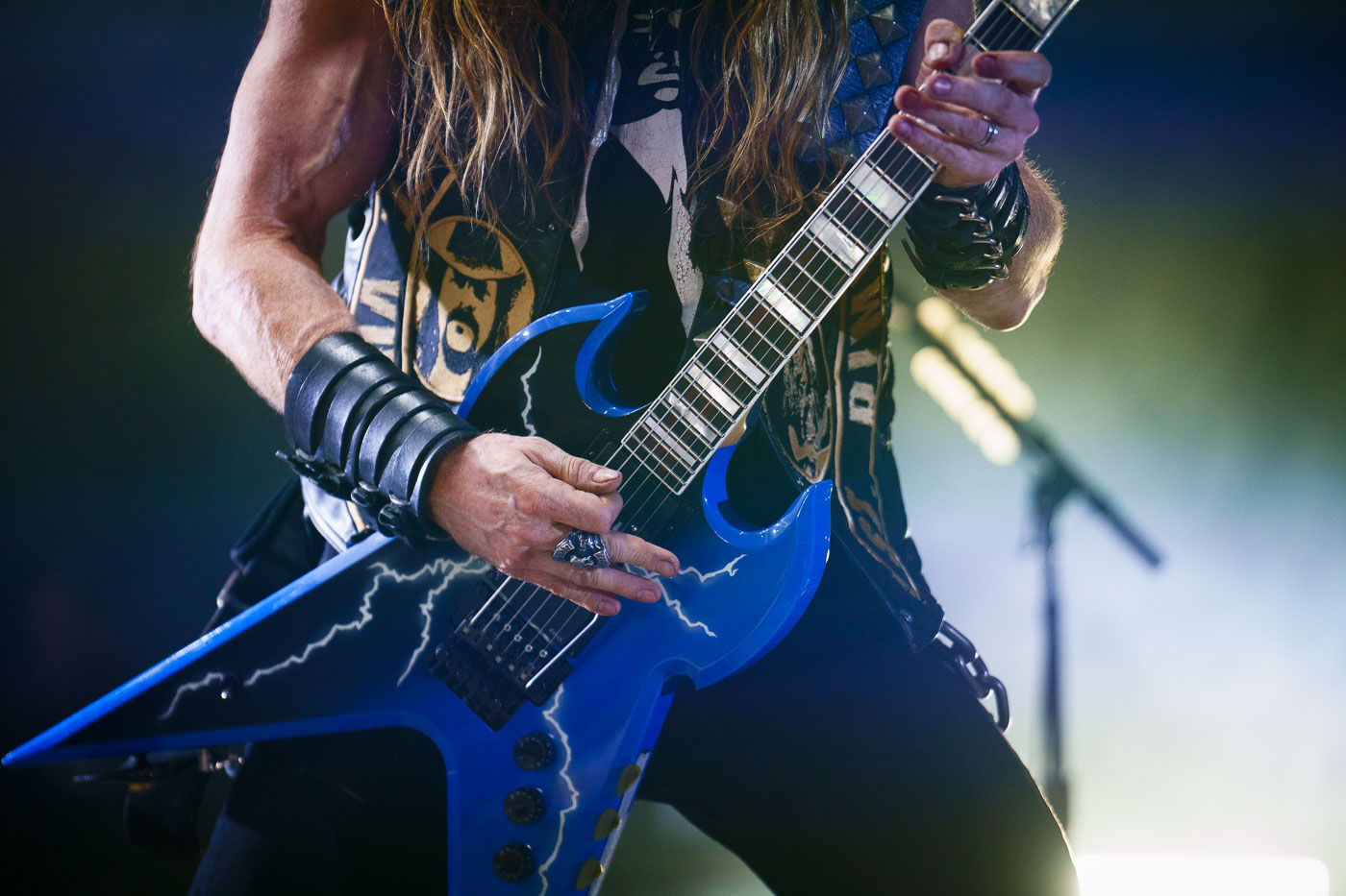 Guitarist for the band Pantera performs at Rock Fest in Cadott, Wisconsin, on July 13, 2023. Rock Fest is an annual heavy metal music festival held in Cadott, Wisconsin, known for drawing large crowds and featuring prominent bands in the genre. The festival has been a significant event in the heavy metal community since its inception, providing a platform for both established and emerging artists. This performance by Pantera, a band with a long history and considerable influence in thrash and groove metal, was a highly anticipated part of the 2023 Rock Fest lineup.