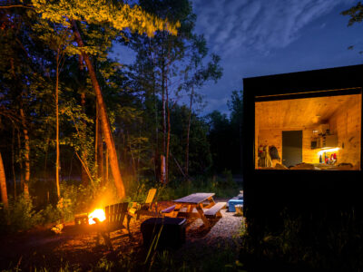 Kettle River Cabin and Campfire at Dusk