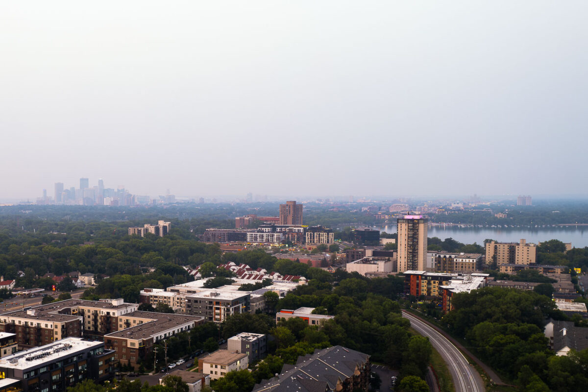 Smokey skies in Minneapolis looking toward downtown. Bde Maka Ska on the right.