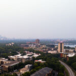 Smokey skies in Minneapolis looking toward downtown. Bde Maka Ska on the right.