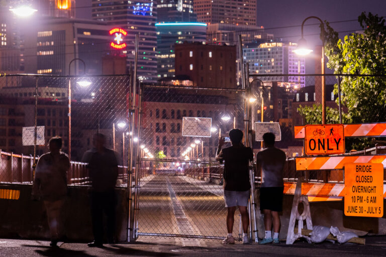 Stone Arch Bridge after closure 1 First night of Stone Arch Bridge closures in Downtown Minneapolis. The bridge was closed after reports of late night crime.