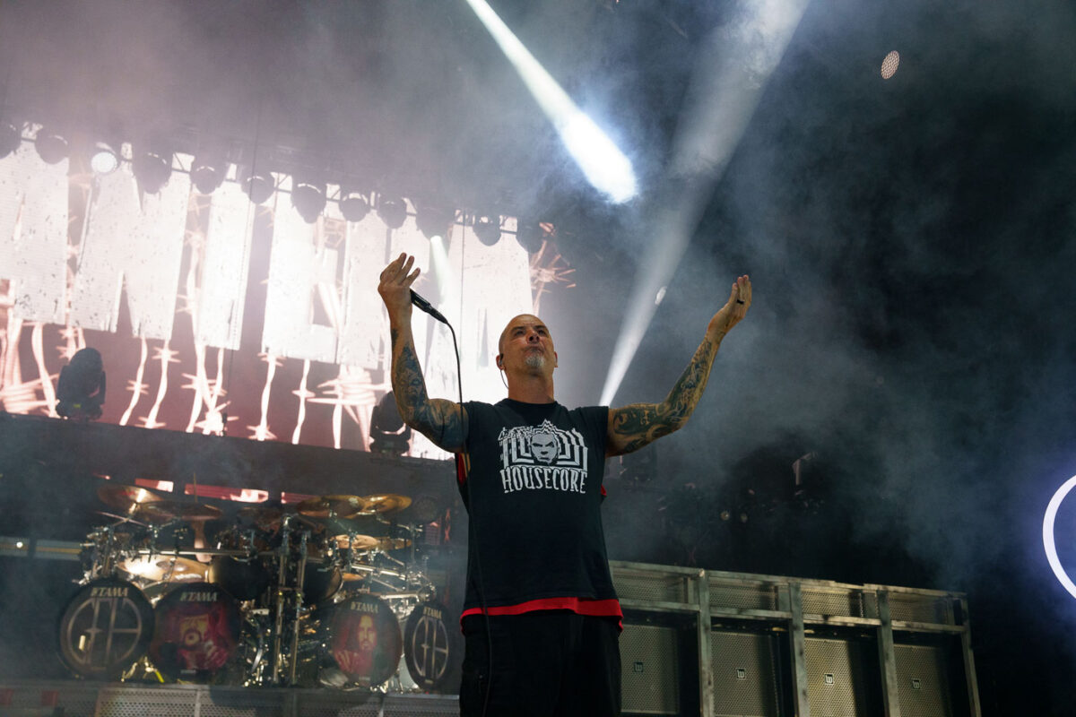 Phil Anselmo of Pantera performs at Rock Fest in Cadott, Wisconsin, on July 13, 2023. Rock Fest is one of the largest heavy metal music festivals in the United States, typically held annually in Cadott. The festival draws thousands of fans and features a lineup of prominent rock and metal bands, contributing to the region's cultural and entertainment landscape.