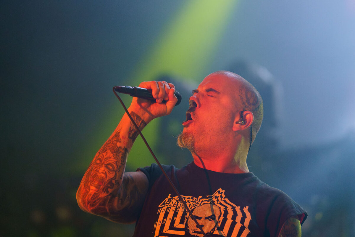 Phil Anselmo, vocalist for the band Pantera, performs at Rock Fest in Cadott, Wisconsin, on July 13, 2023. Rock Fest is an annual heavy metal music festival held in Cadott, Wisconsin, known for drawing large crowds and featuring prominent bands in the genre. The festival has been a significant event in the regional music calendar since its inception, providing a platform for both established and emerging artists in heavy metal and hard rock.