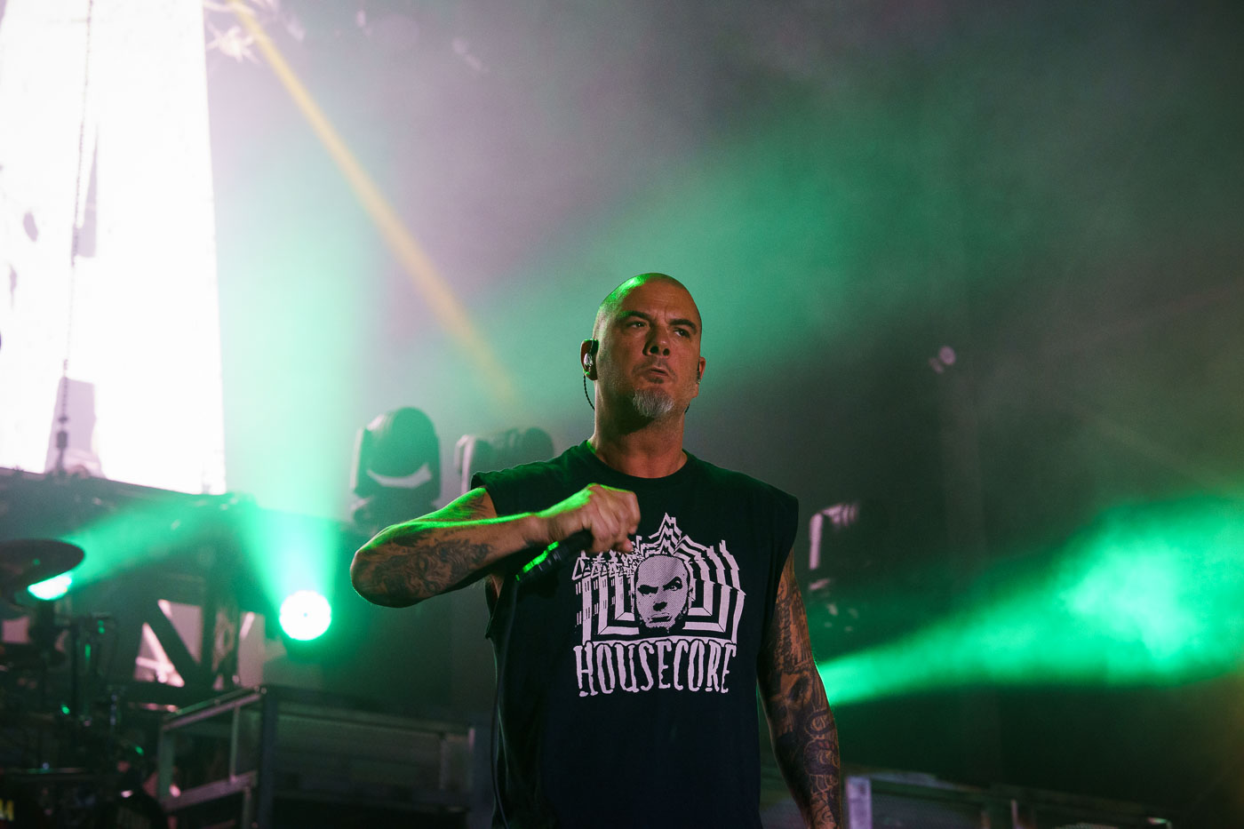 Phil Anselmo, vocalist for Pantera, performs at Rock Fest in Cadott, Wisconsin, on July 13, 2023. Rock Fest is an annual heavy metal music festival held in Cadott, Wisconsin, known for drawing large crowds and featuring prominent bands in the genre. The festival has been a significant event in the regional music calendar since its inception, providing a platform for both established and emerging metal artists.