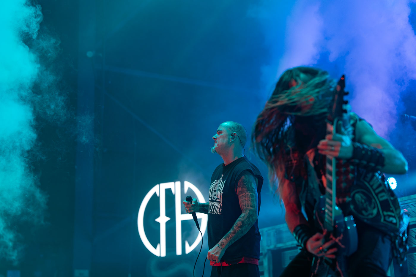 Phil Anselmo of Pantera performs on stage at Rockfest in Cadott, Wisconsin, on July 13, 2023. Rockfest is an annual music festival held in Cadott, Wisconsin, known for featuring a variety of rock and metal bands. The festival has been a significant event in the region's music calendar, drawing fans from across the country. Pantera, a highly influential heavy metal band, was a prominent act at this year's event.